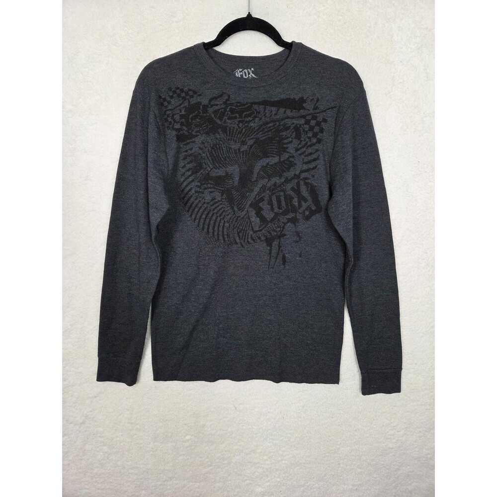 Fox Racing Shirt Mens L‎ Gray LS Thermal Waffle Knit Graphic Moto Logo Grunge